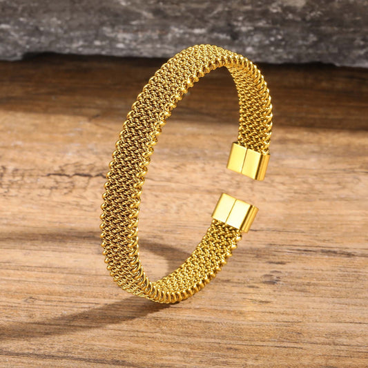 18K Gold Plated Mesh Cuff Bracelet for Women Men Open Bangle Adjustable Fashion