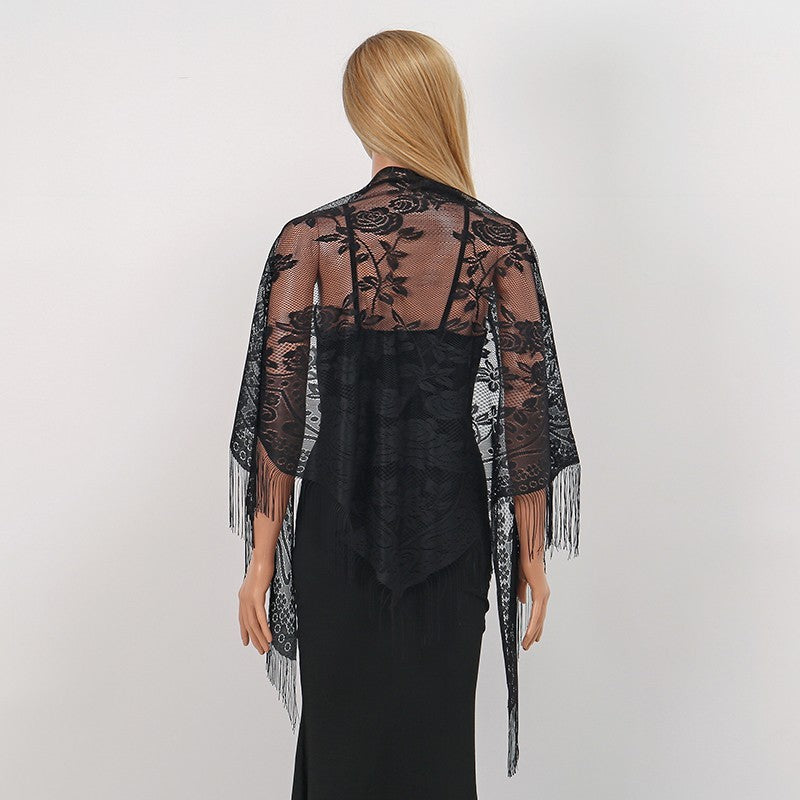 Black Floral Lace Triangle Scarf Tassel Fringe Sheer Embroidered Shawl Wrap