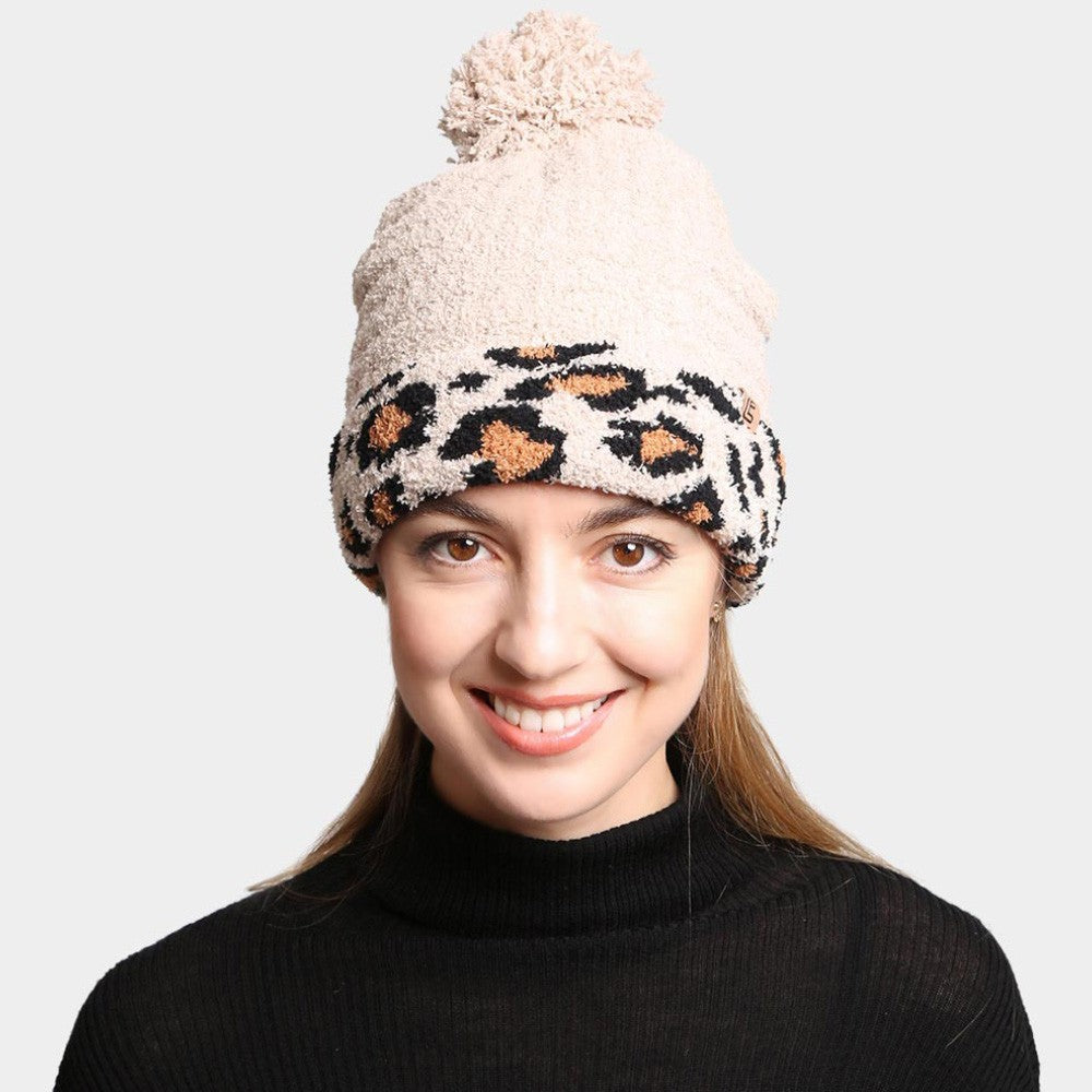Winter Beanie Hat Womens Beige Black Microfiber Leopard Print Pom-Pom Accented