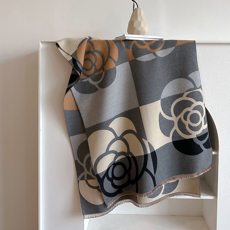 Black Gray Tan Oversized Camellia Floral Winter Blanket Scarf Shawl Wrap