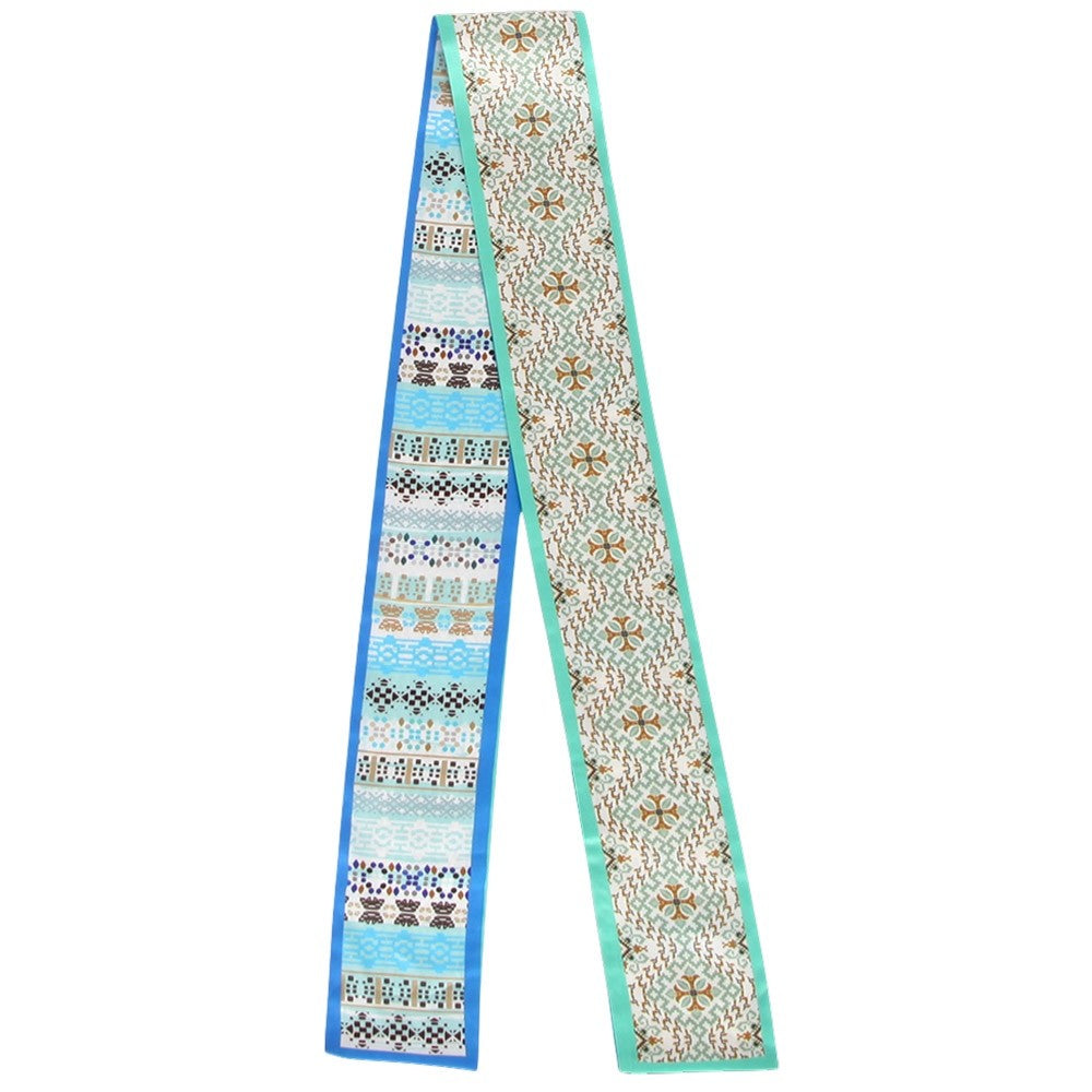 Silk Like Skinny Scarf Turquoise Floral Geometric Neck Tie Handbag Handle Ribbon