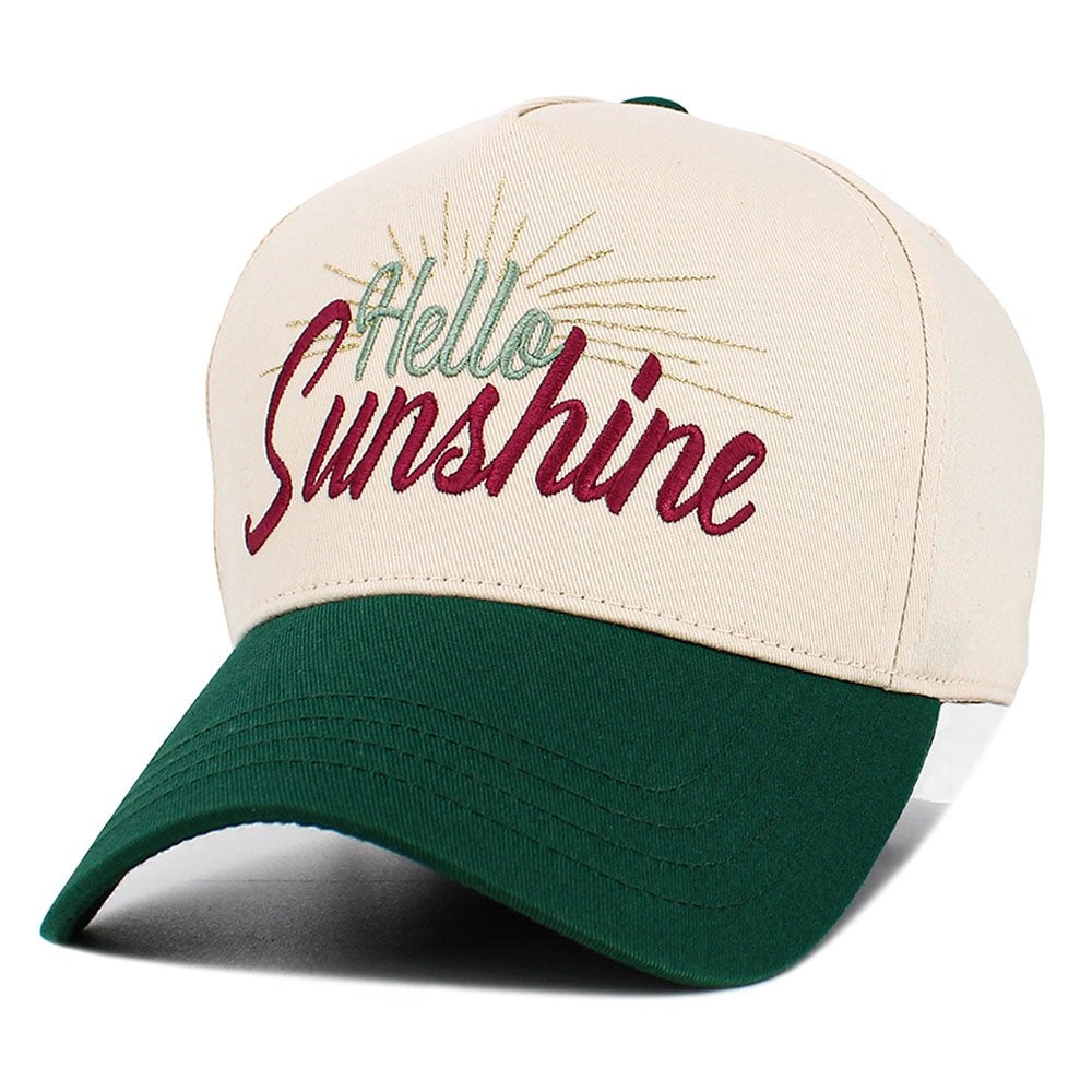 Hello Sunshine Embroidered Trucker Hat Two-Tone Green and Cream Baseball Cap