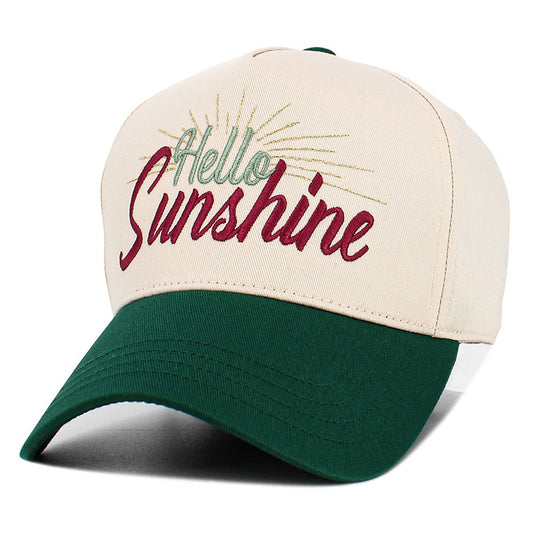 Hello Sunshine Embroidered Trucker Hat Two-Tone Green and Cream Baseball Cap