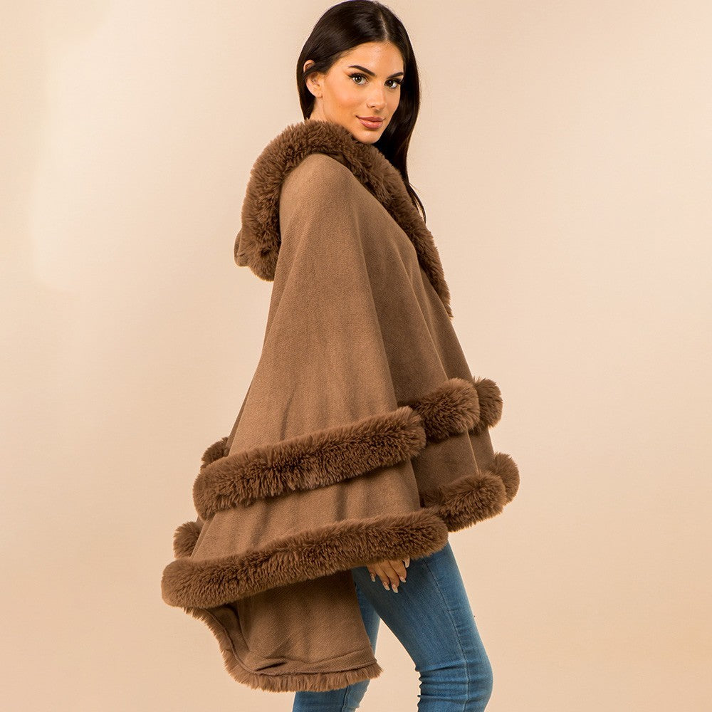 Luxury Brown Faux Fur Trim Hooded Cape Poncho Wrap Tiered Winter Cloak New