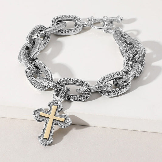 14K Gold Plated Two Tone Cross Charm Toggle Bracelet Chunky Chain Jewelry