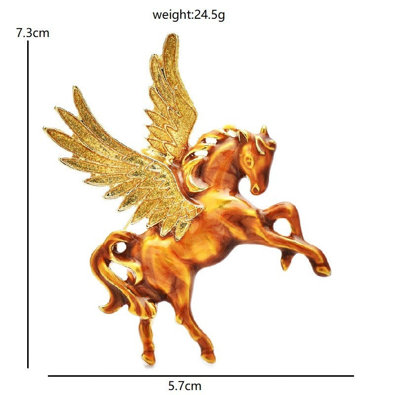 Golden Pegasus Brooch Enamel Flying Horse Animal Pin Statement Gift Fashion Jewe