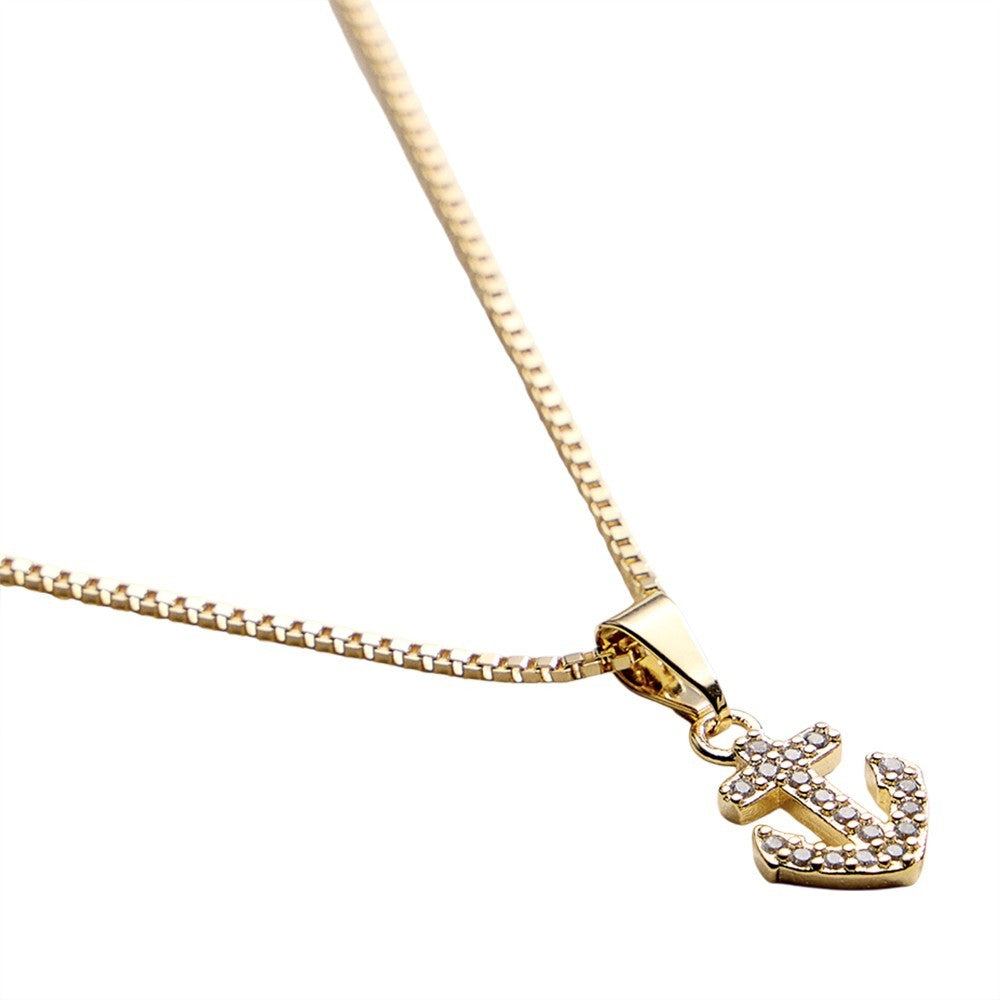 18K Gold Filled CZ Stone Paved Anchor Pendant Nautical Necklace with Box Chain