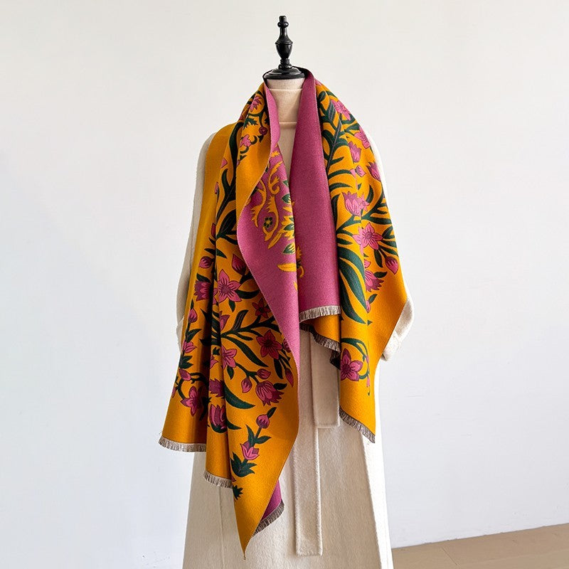 Reversible Mughal Floral Cashmere Feel Shawl Wrap 72 x 25.5 Inches