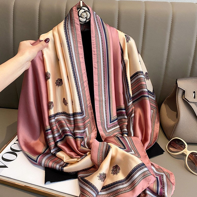Patchwork Floral Border Print Scarf Dusty Rose Beige Oversize Silk Feel Wrap