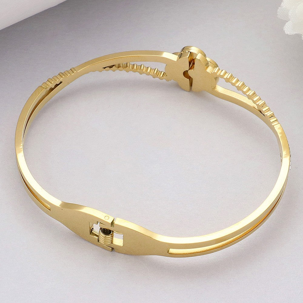 Gold Mother of Pearl Quatrefoil Hinged Bangle Bracelet for Women