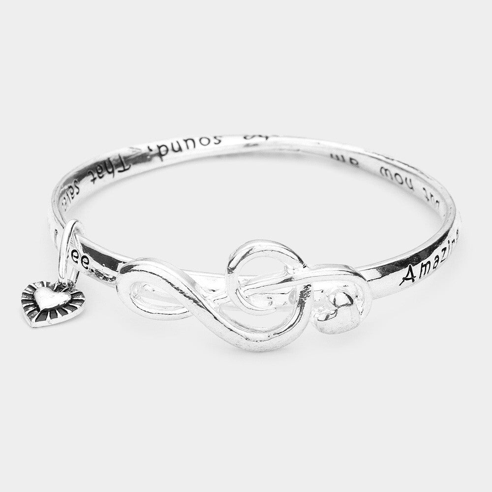 Women's Amazing Grace Bangle Bracelet Heart Charm Treble Clef Music Jewelry