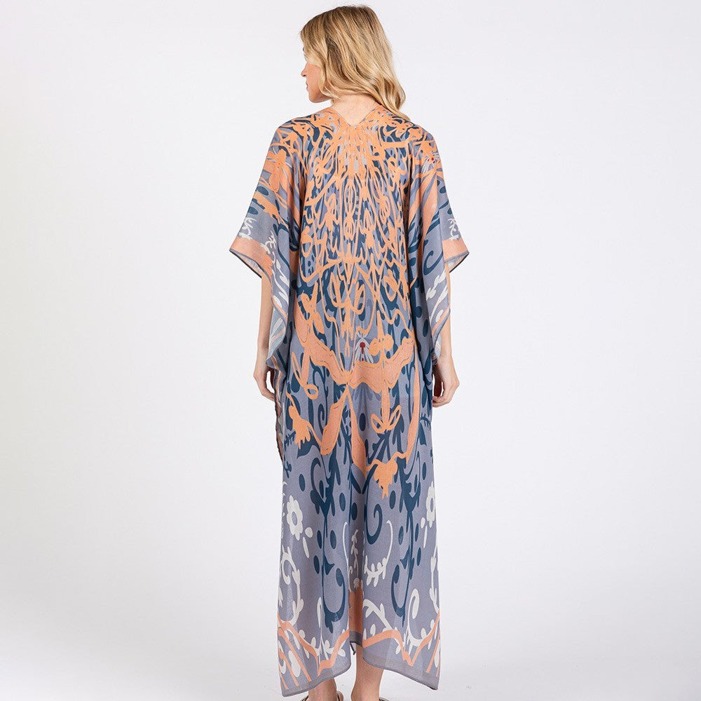 Women’s Boho Print Long Kimono Duster Sheer Cover Up Open Front Poncho