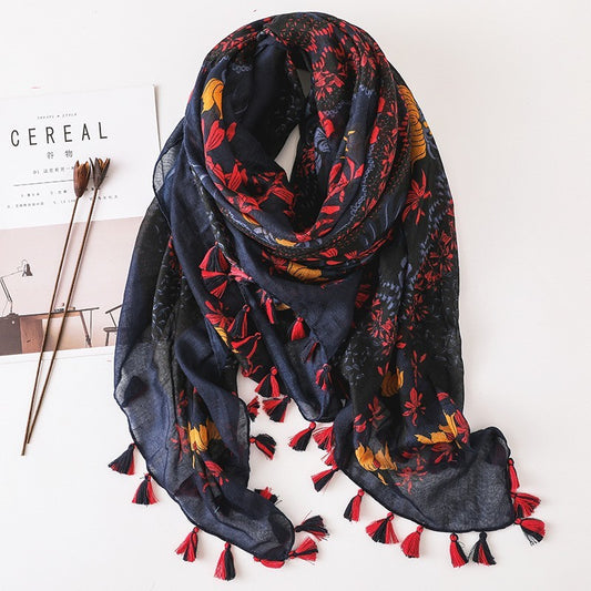 Boho Floral Scarf Shawl Wrap Navy Red Yellow Tassel Lightweight Beach Shawl