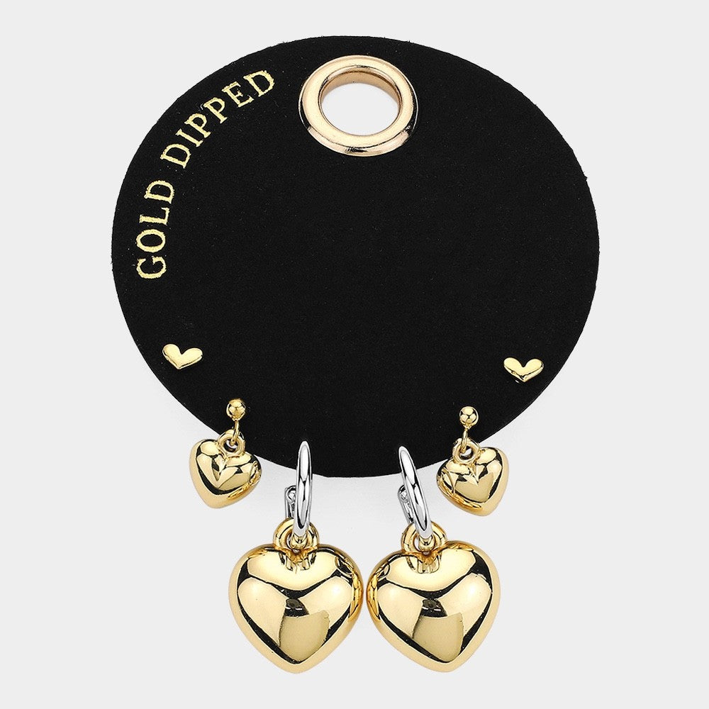 3pc Gold Dipped Heart Earring Set - Hypoallergenic Minimalist Studs & Hoops