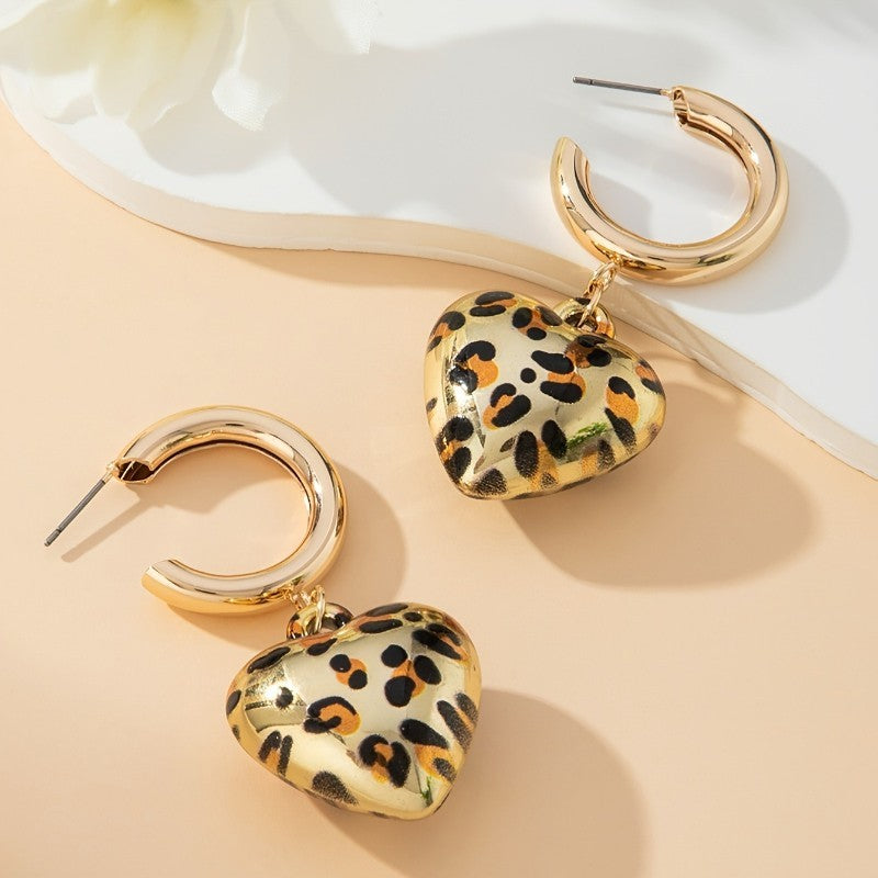 Leopard Print Heart Drop Hoop Earrings Gold Tone Puffy Dangle Animal Chic Gift