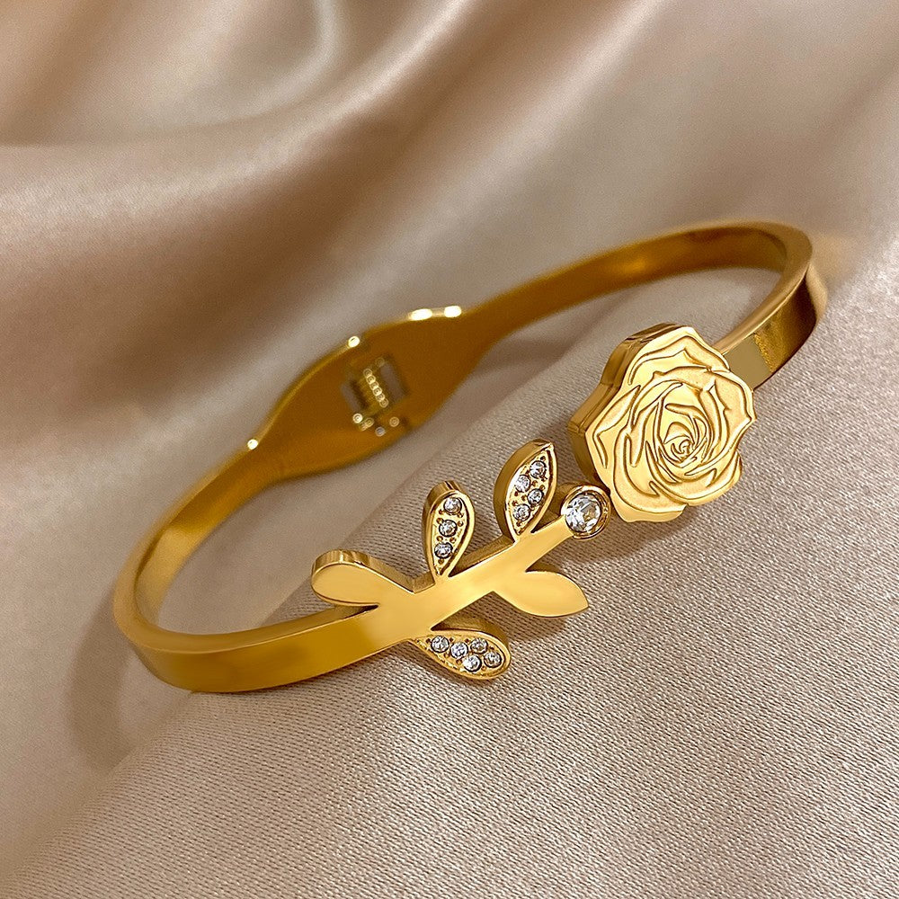 Gold Rose Leaf Bangle Bracelet Hinged Cuff Crystal Rhinestone Jewelry