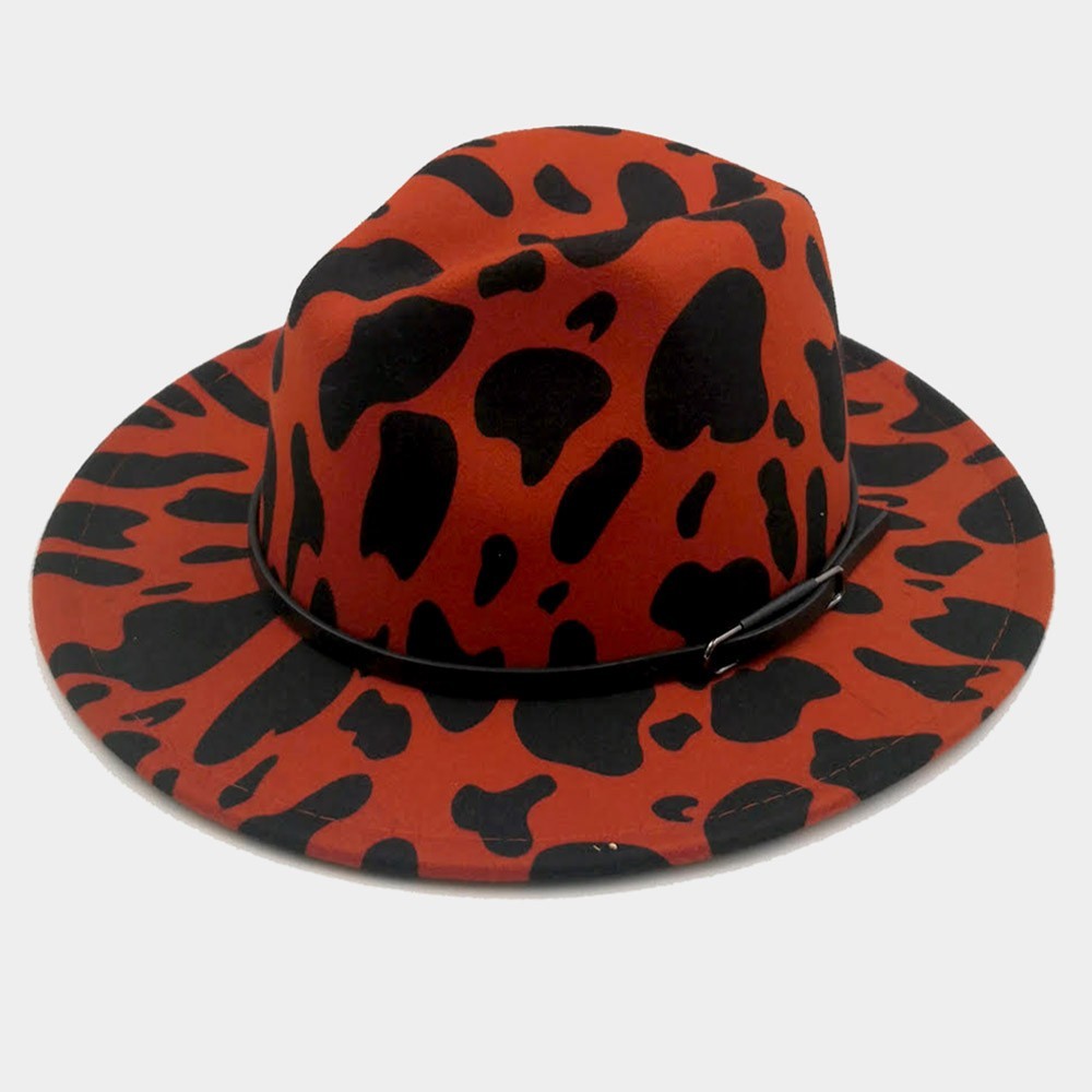 Faux Leather Band Cattle Patterned Animal Print Belted Panama Hat for Women