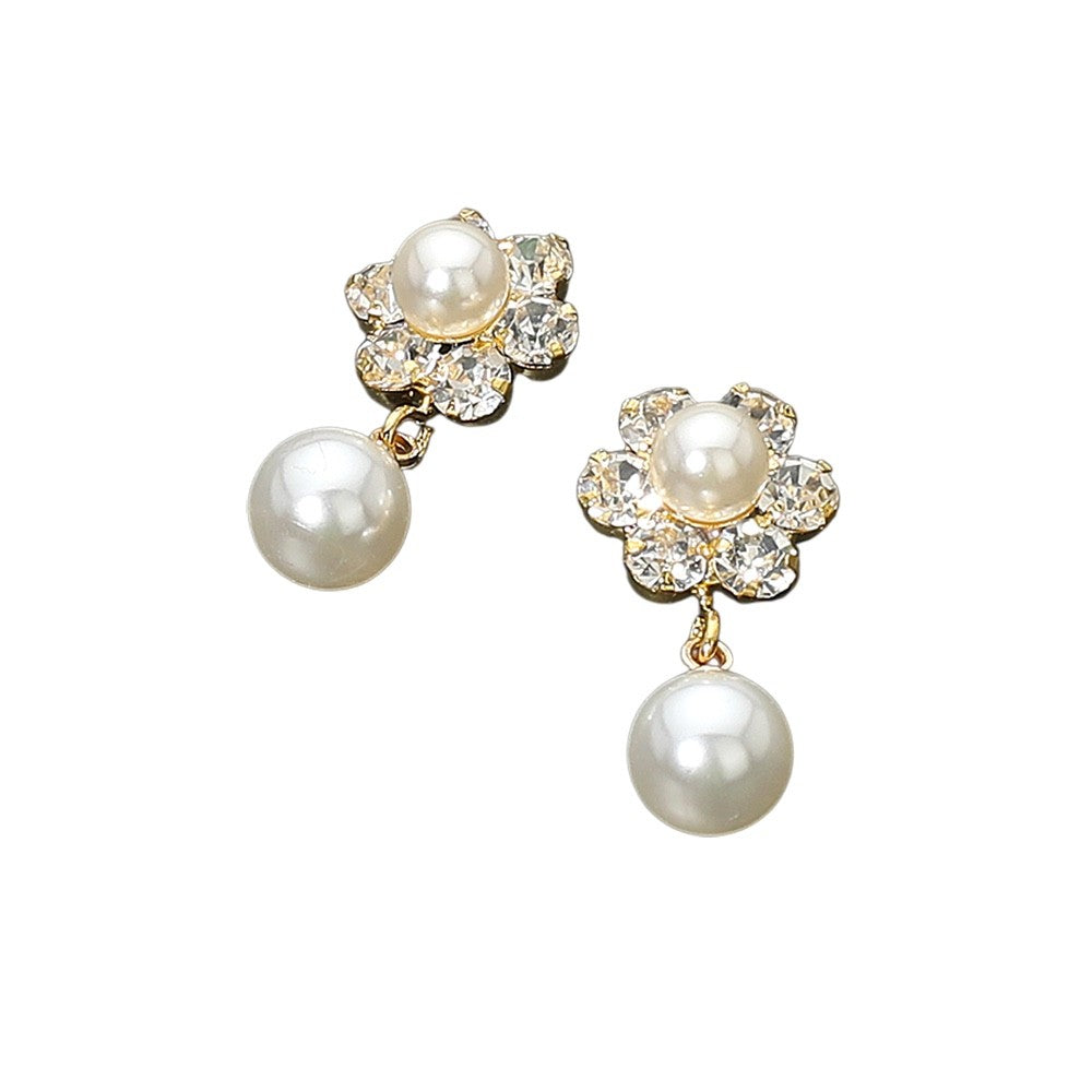 Floral Faux Pearl Drop Earrings - Elegant Crystal Petal Bridal Jewelry