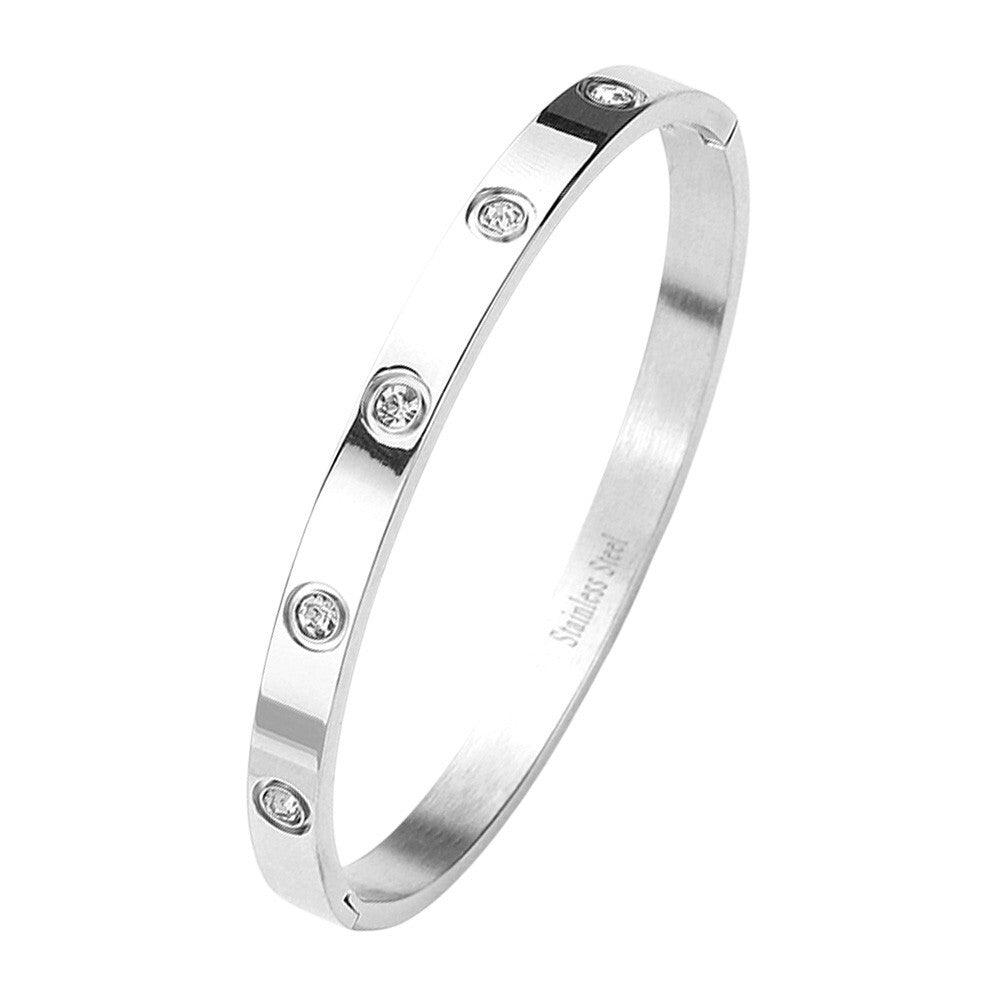 2PC Stainless Steel Bangle Bracelet Set Silver & Gold Tone Crystal Hinged Cuff