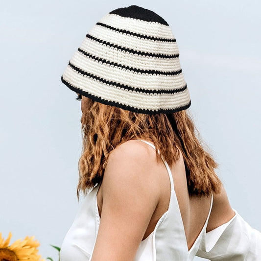 Chic Black and White Striped Crochet Bucket Hat Summer Sun Beach Accessory
