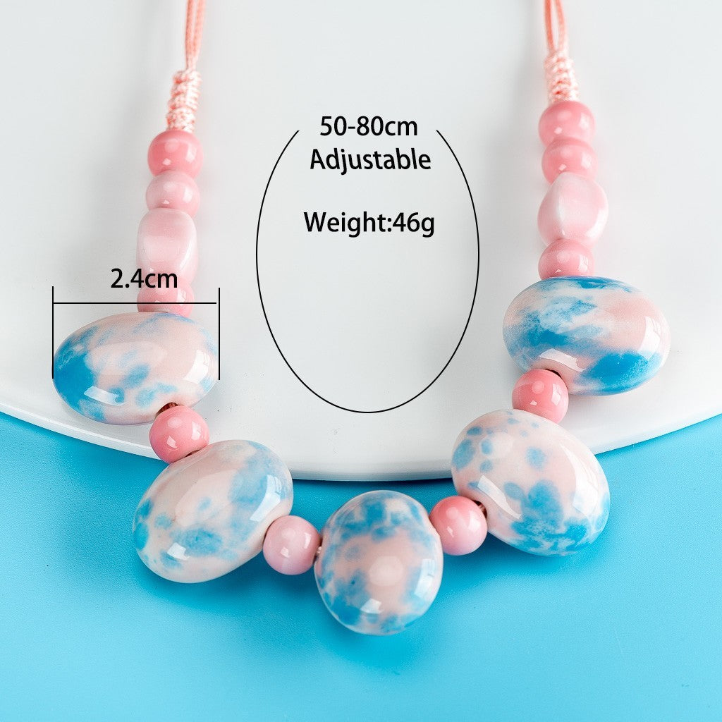 Blue Pink Ceramic Bead Necklace Cobblestone Pendant Boho Vintage Jewelry