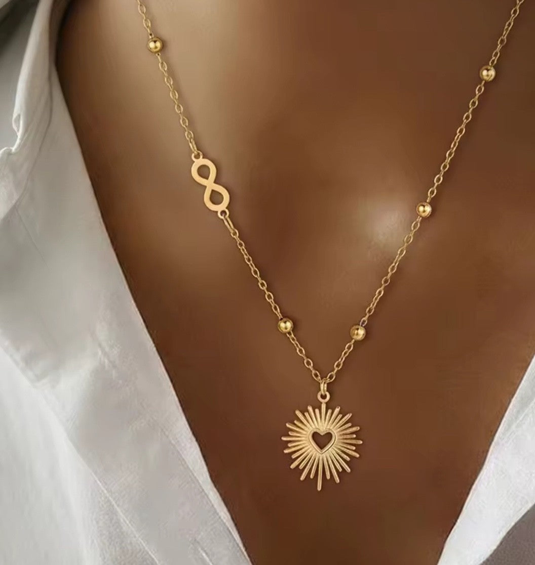 Gold Sunburst Heart Necklace Infinity Link Chain Metal Sun Charm Pendant Jewelry