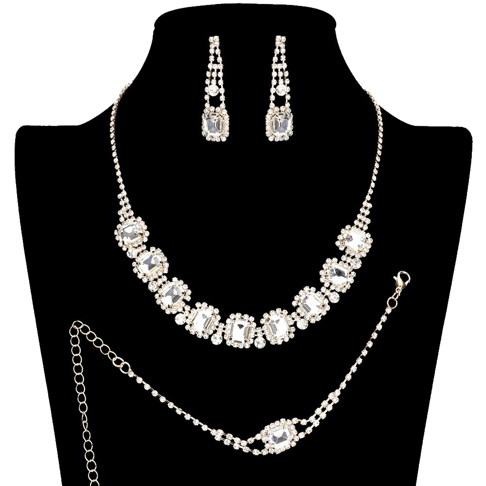 3pcs Crystal Rhinestone Jewelry Set Formal Necklace Earrings Bracelet Gold Tone