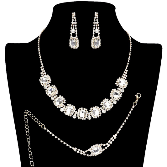 3pcs Crystal Rhinestone Jewelry Set Formal Necklace Earrings Bracelet Gold Tone