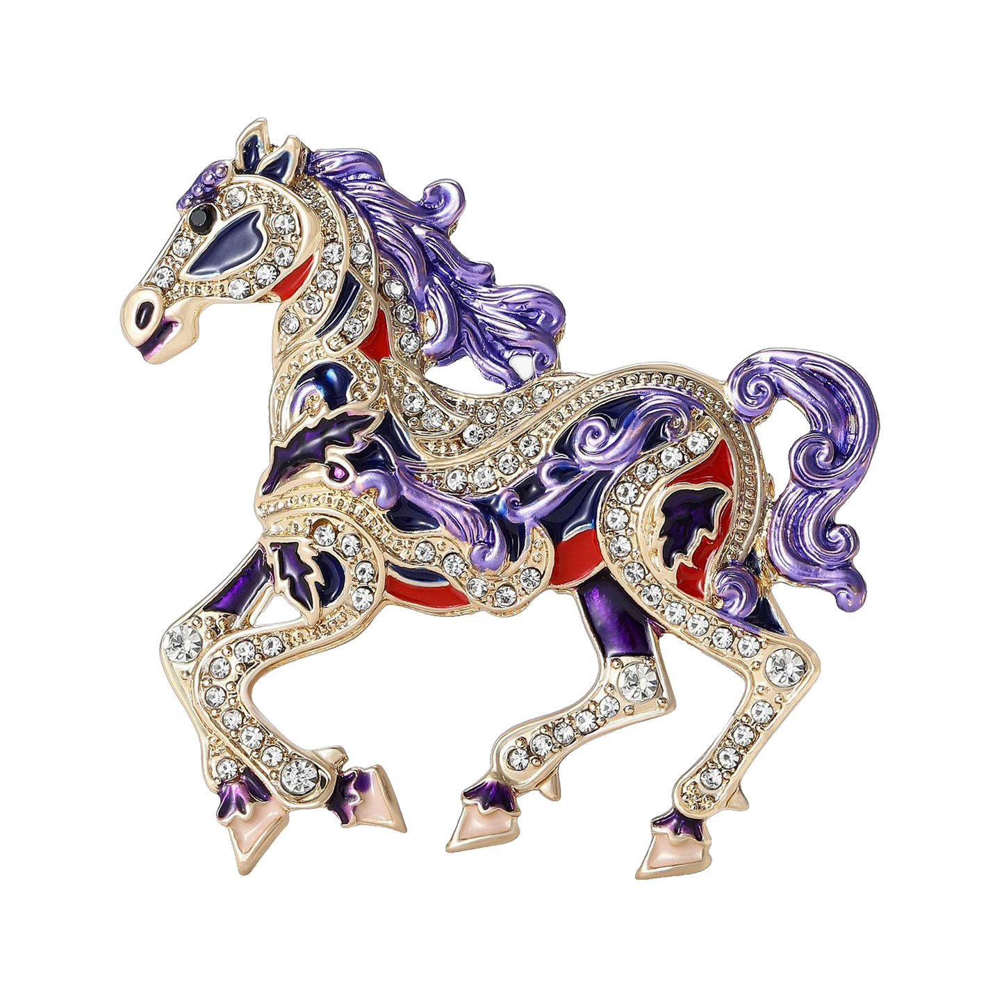 Crystal Enamel Horse Brooch Purple Gold Carousel Pony Lapel Pin Badge
