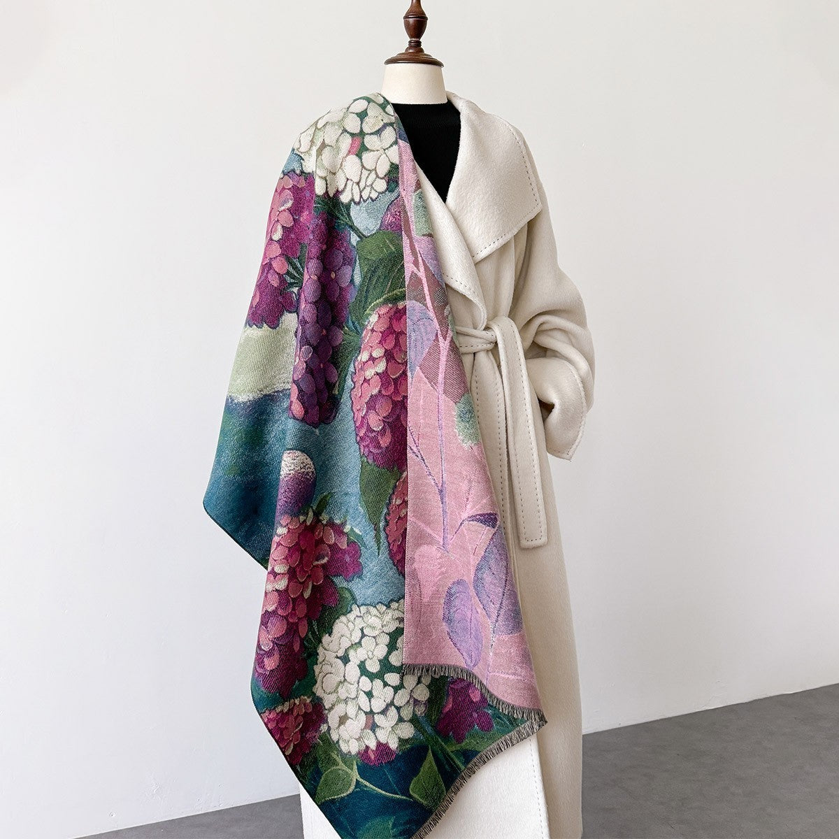Hydrangea Floral Print Scarf Shawl Large Wrap Winter Warm Pashmina Green Pink