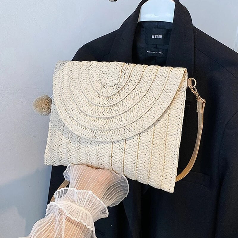 Handmade Woven Straw Envelope Crossbody Bag | Summer Clutch with Hair Ball Charm