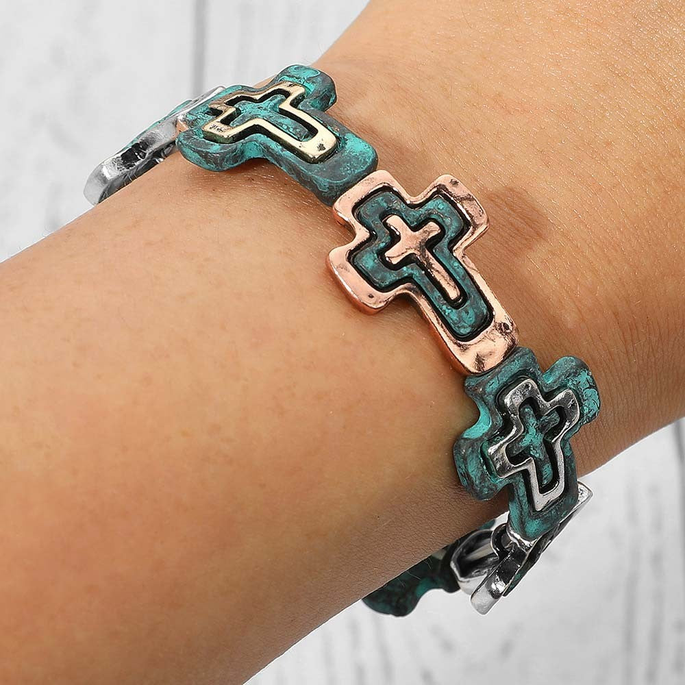 Patina Cross Stretch Bracelet Rustic Mixed Metal Religious Jewelry
