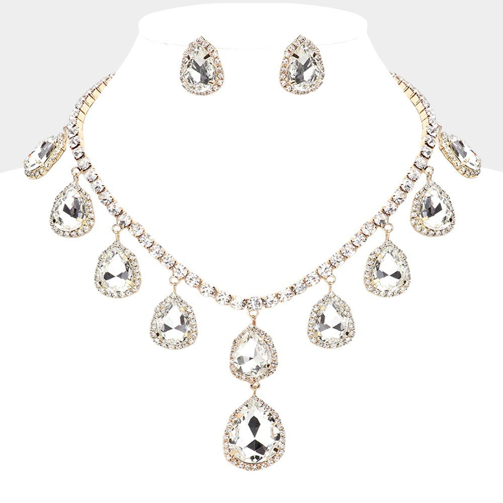 Gold Teardrop Crystal Cluster Statement Necklace for Women Evening Jewelry