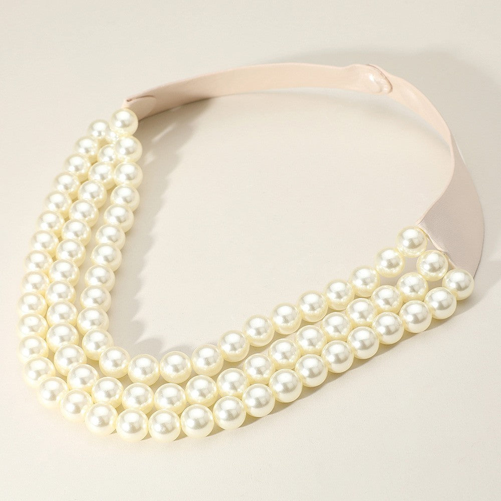 Chunky Pearl Beaded Triple Layered Faux Leather Magnetic Necklace for Women