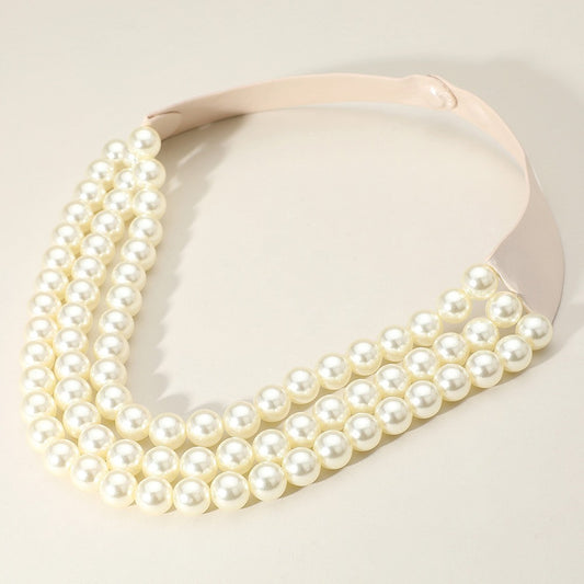 Chunky Pearl Beaded Triple Layered Faux Leather Magnetic Necklace for Women