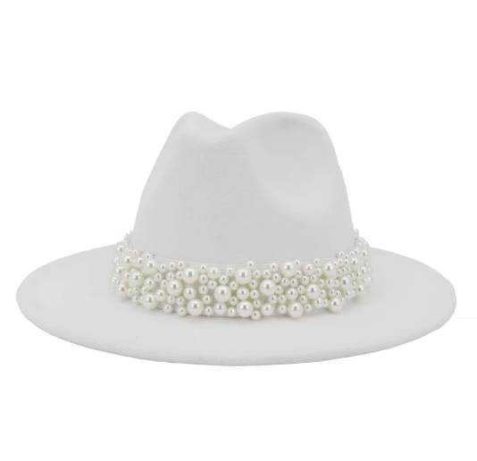 White Felt Jazz Fedora Hat with Pearl Band Wide Brim Elegant Dressy Accessory