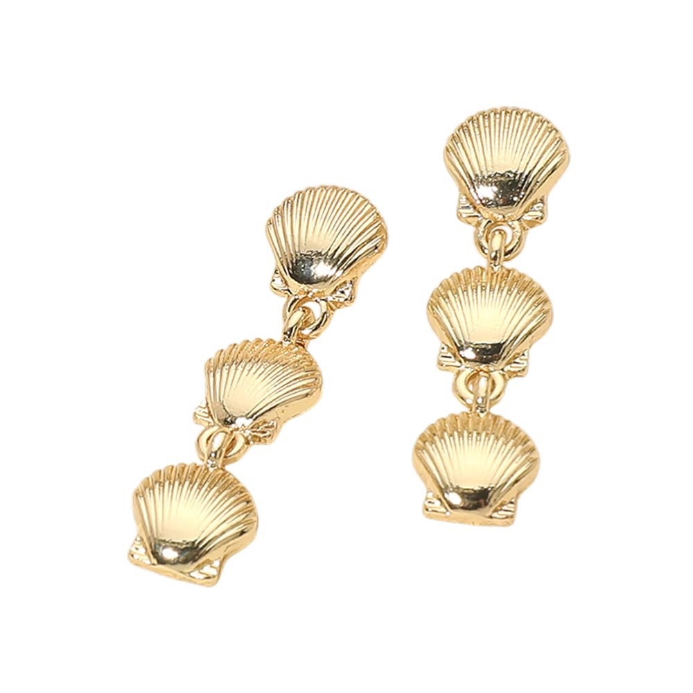 Gold Triple Scallop Sea Shell Dangle Earrings Coastal Beach Nautical Jewelry