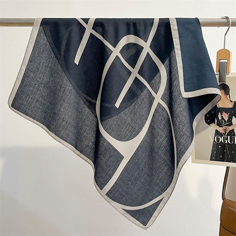 2 Scarf Set Large Geometric Shawl Beige Black Navy Gray Monogram Print Wrap