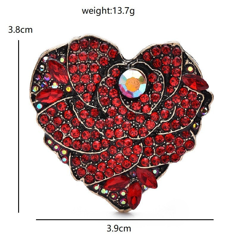 2pcs Red Rhinestone Heart Rose Flower Brooch Pin Women Wedding Jewelry Gift