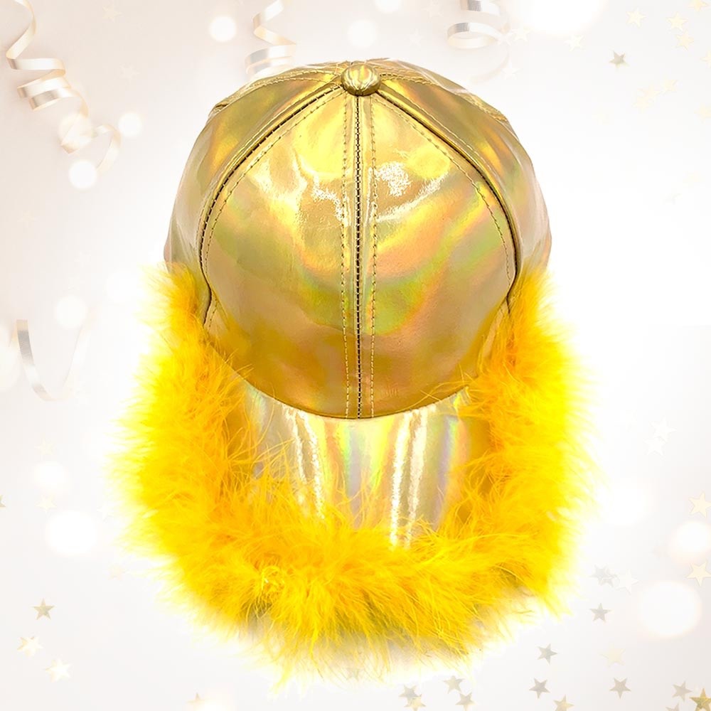 Gold Holographic Metallic Baseball Cap with Yellow Feather Boa Marabou Trim