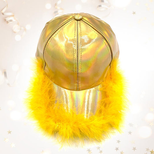 Gold Holographic Metallic Baseball Cap with Yellow Feather Boa Marabou Trim