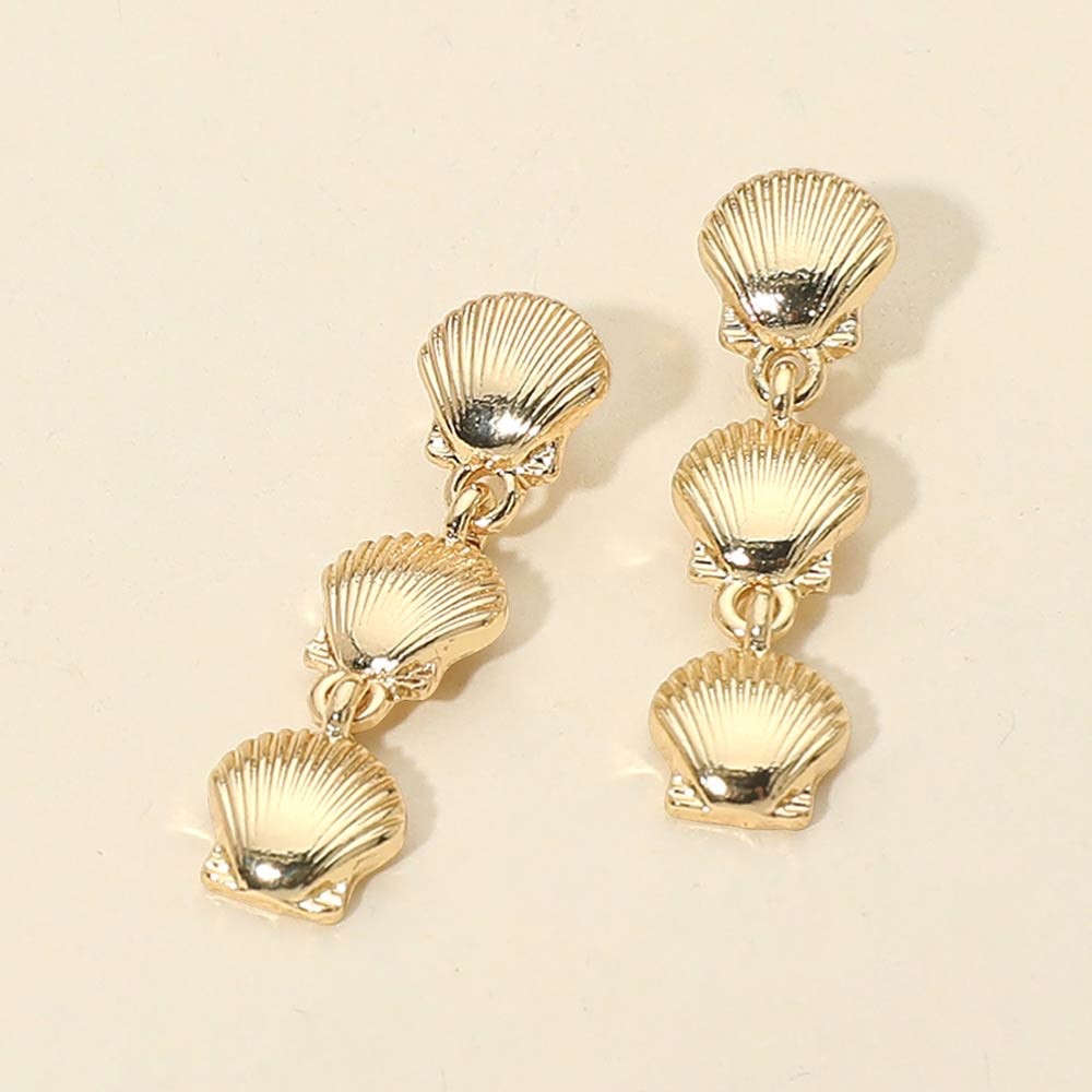Gold Triple Scallop Sea Shell Dangle Earrings Coastal Beach Nautical Jewelry