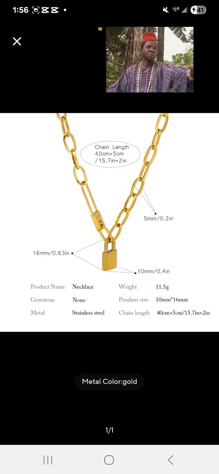 Chunky Oval Link Chain Padlock Necklace Gold Plated Stainless Steel Safety Pin