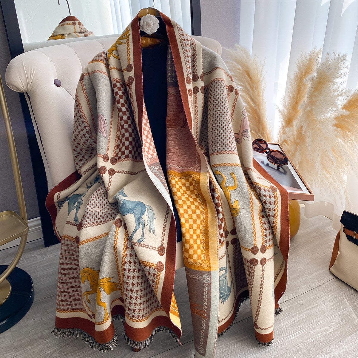 Equestrian Block Print Scarf Shawl Blanket Wrap Cashmere Feel