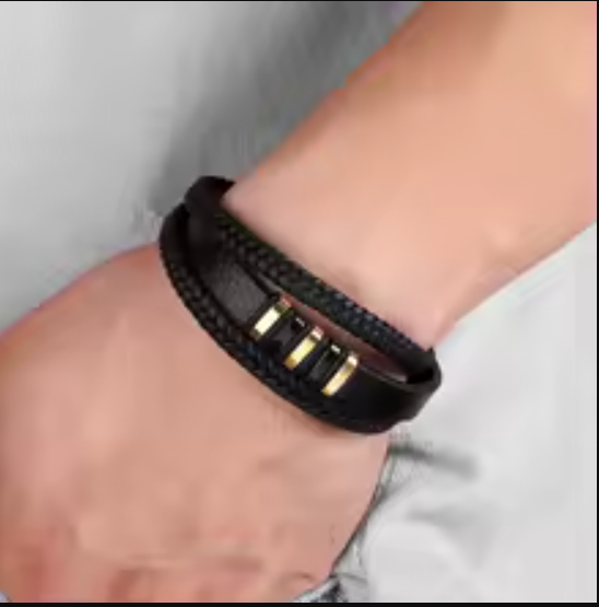 Stainless Steel Magnetic Leather Bracelet for Men Gold  Tone Jewelry Gift 8.3in