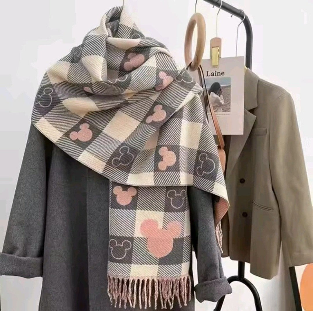 Plaid Mouse Print Scarf Women's Warm Winter Checkered Fringe Wrap