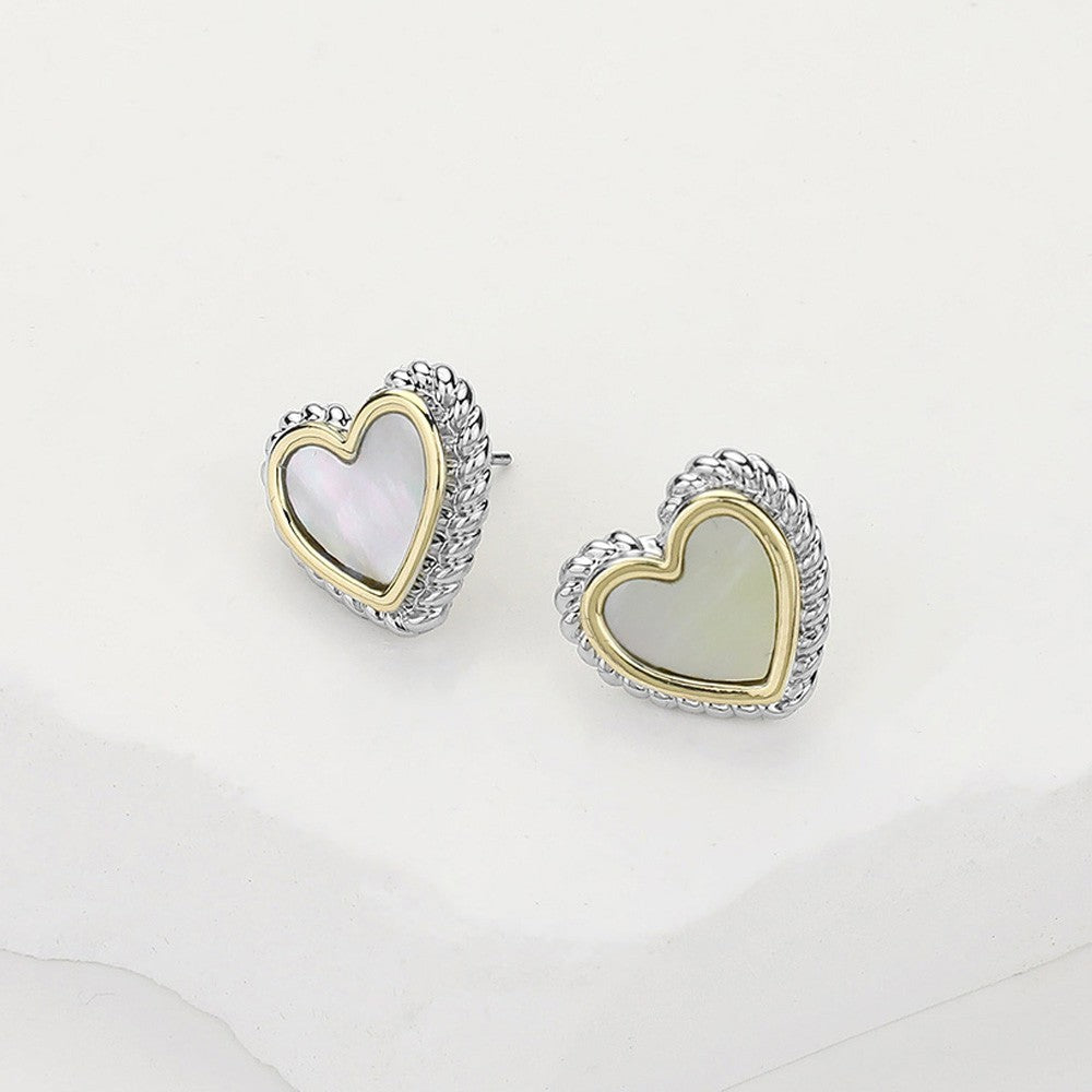 14K Gold Plated Two Tone Mother of Pearl Heart Shaped Stud Earrings for Women