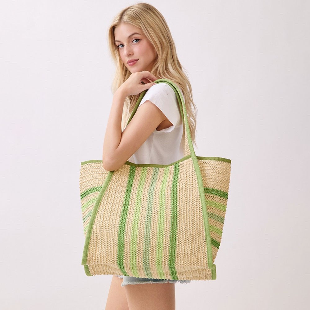 Green Striped Woven Straw Beach Tote Bag - Large Summer Vacation Shoulder Bag