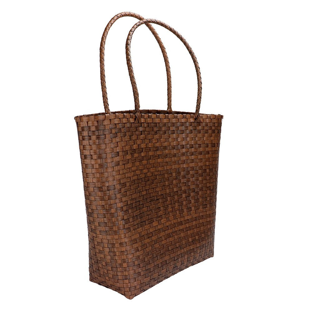 Woven Brown Tote Handbag with Braided Handles Structured Casual Shoulder Bag