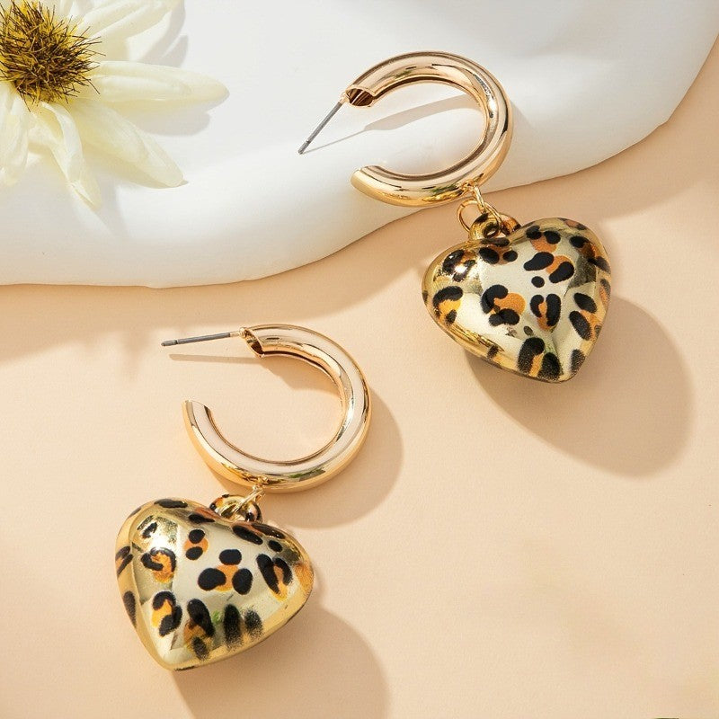 Leopard Print Heart Drop Hoop Earrings Gold Tone Puffy Dangle Animal Chic Gift